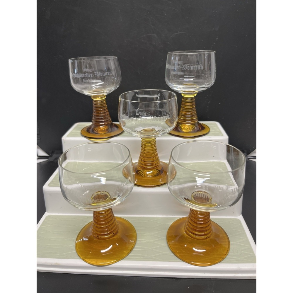 VTG Set of 5 German Roemer Goblets Amber Beehive Stem  8 oz